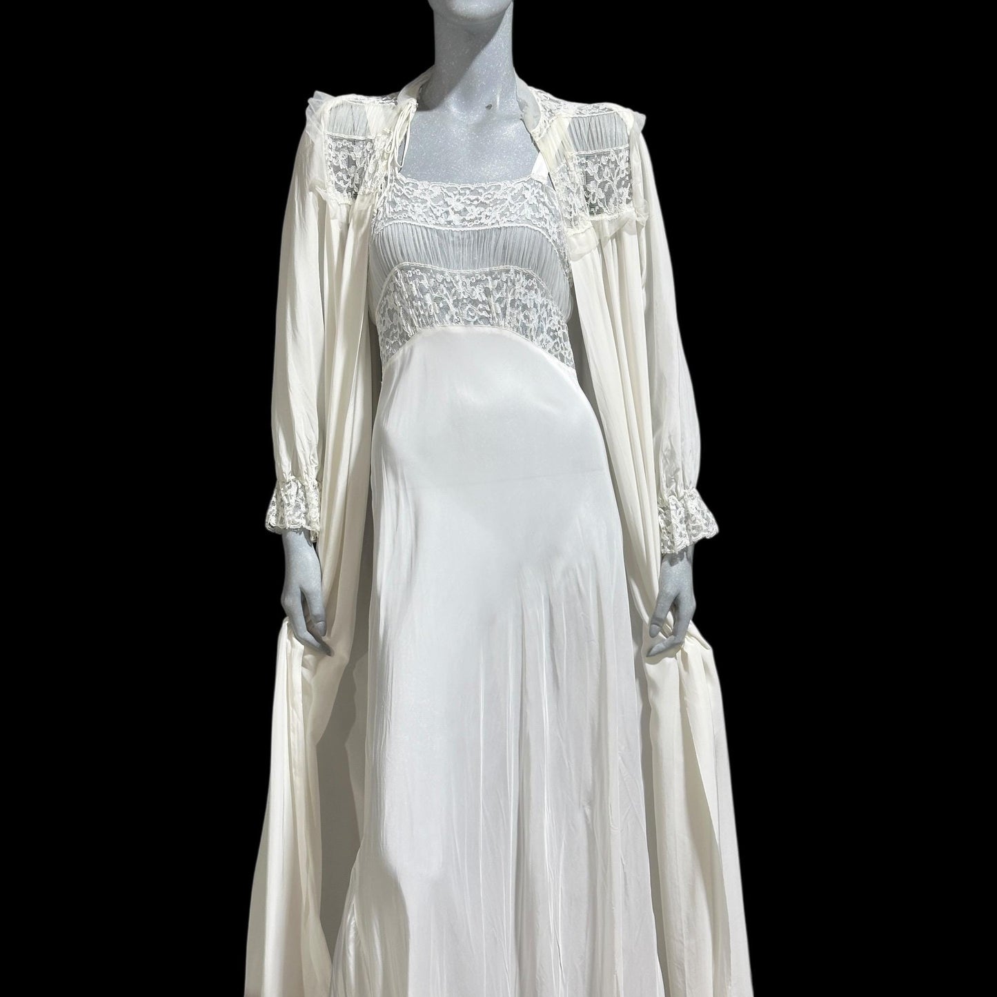 TULA Vintage 1940s Nightgown Robe Set: Bridal White Peignoir Dressing Gown & Slip Dress