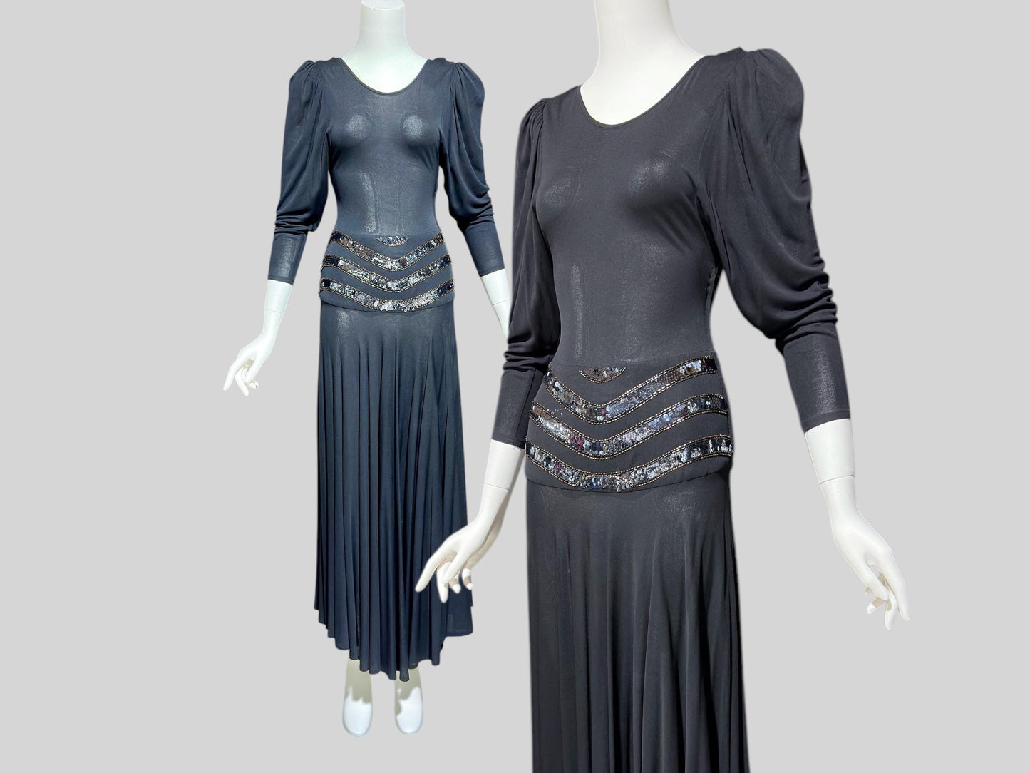 SAKS FIFTH AVENUE Made in England, 1970s evening dress, black jersey knit and sequins, 40s style dress