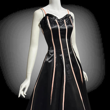 1940s vintage Evening Ball Gown: Black Shiny Satin full sweep formal dress with pink ribbon stripes
