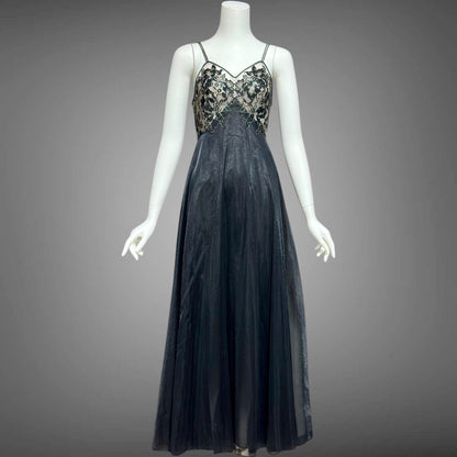 VANITY FAIR, vintage 1950s Nightgown Slip Dress, Dramatic black and silver double layer full sweep gown