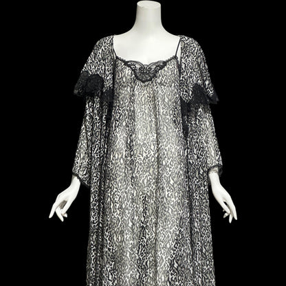 LUCIE ANN vintage 1970s nightgown robe peignoir set, black and white sheer animal print negligee slip dress set
