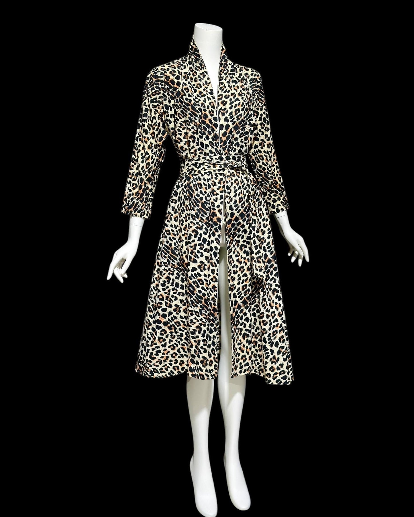 MAXAN vintage 1950s evening swing coat, cotton animal print duster cocktail wrap dress