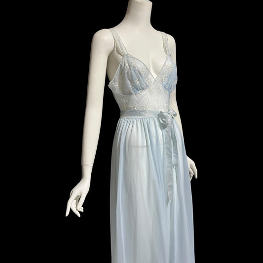 ROGER'S RUN-PROOF 1950s vintage Nightgown: powder blue sheer Nylon Slip Dress with white embroidery