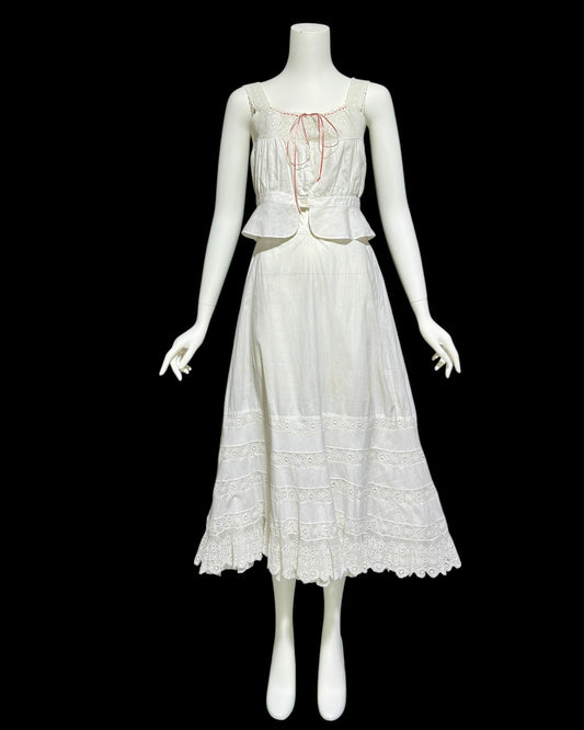 Antique Edwardian 1900s white cotton and lace camisole and skirt set, 2pc lingerie set, top and petticoat