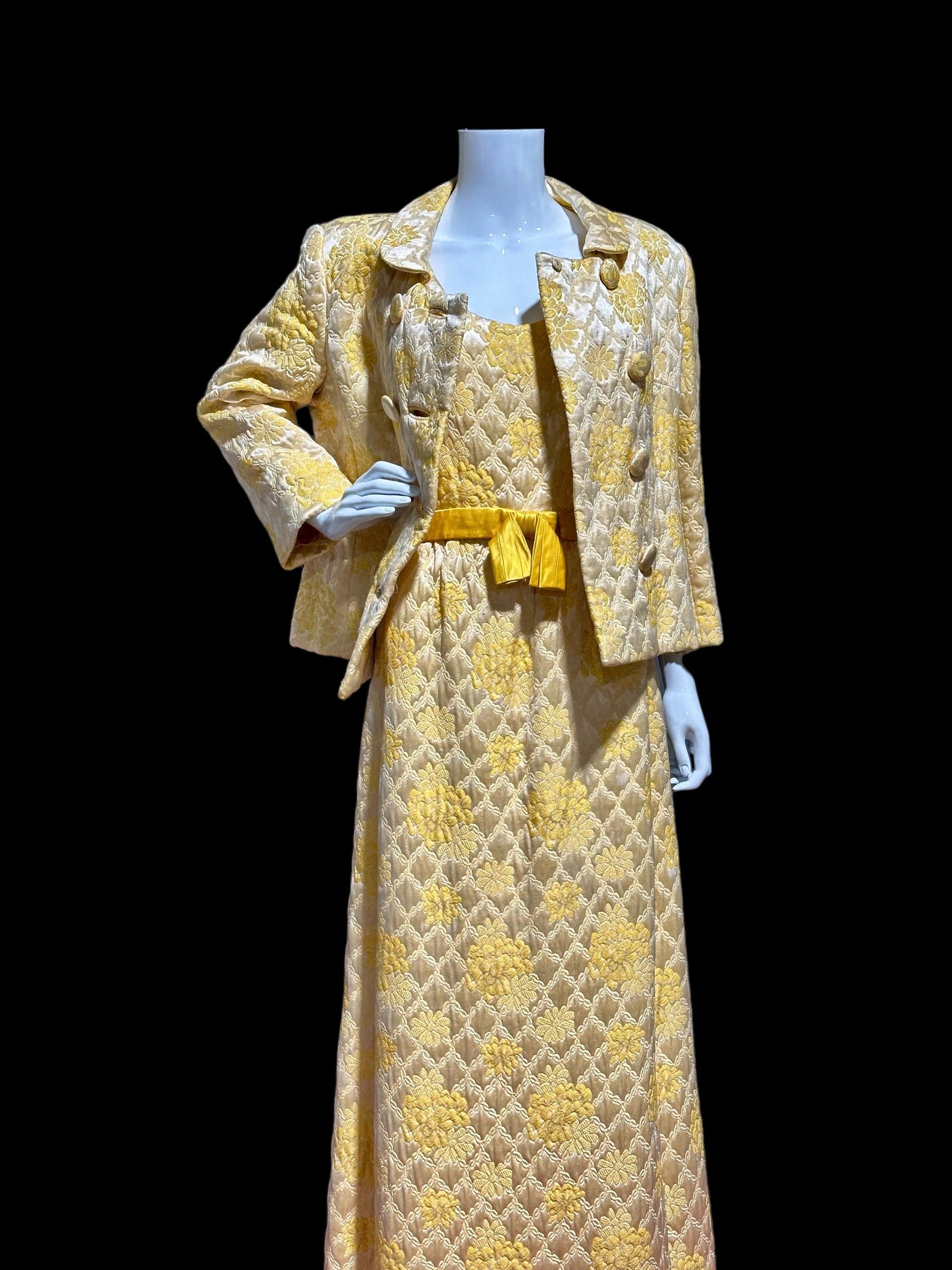 MOLLIE PARNIS Nan Duskin 1960s vintage evening dress, gold floral silk damask 2 pc gown and matching coat ensemble