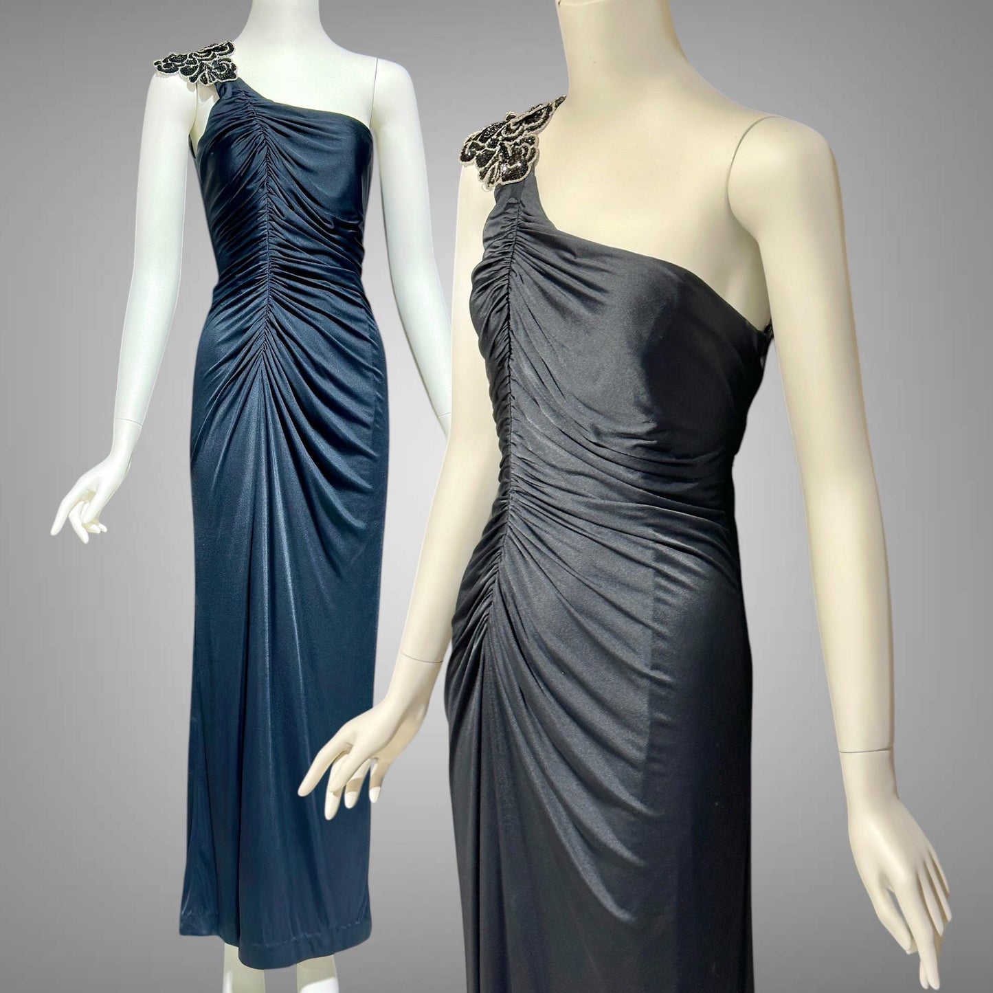 EUGENE ALEXANDER 1980s vintage Slinky Black sheath evening dress, One Shoulder Grecian Goddess gown