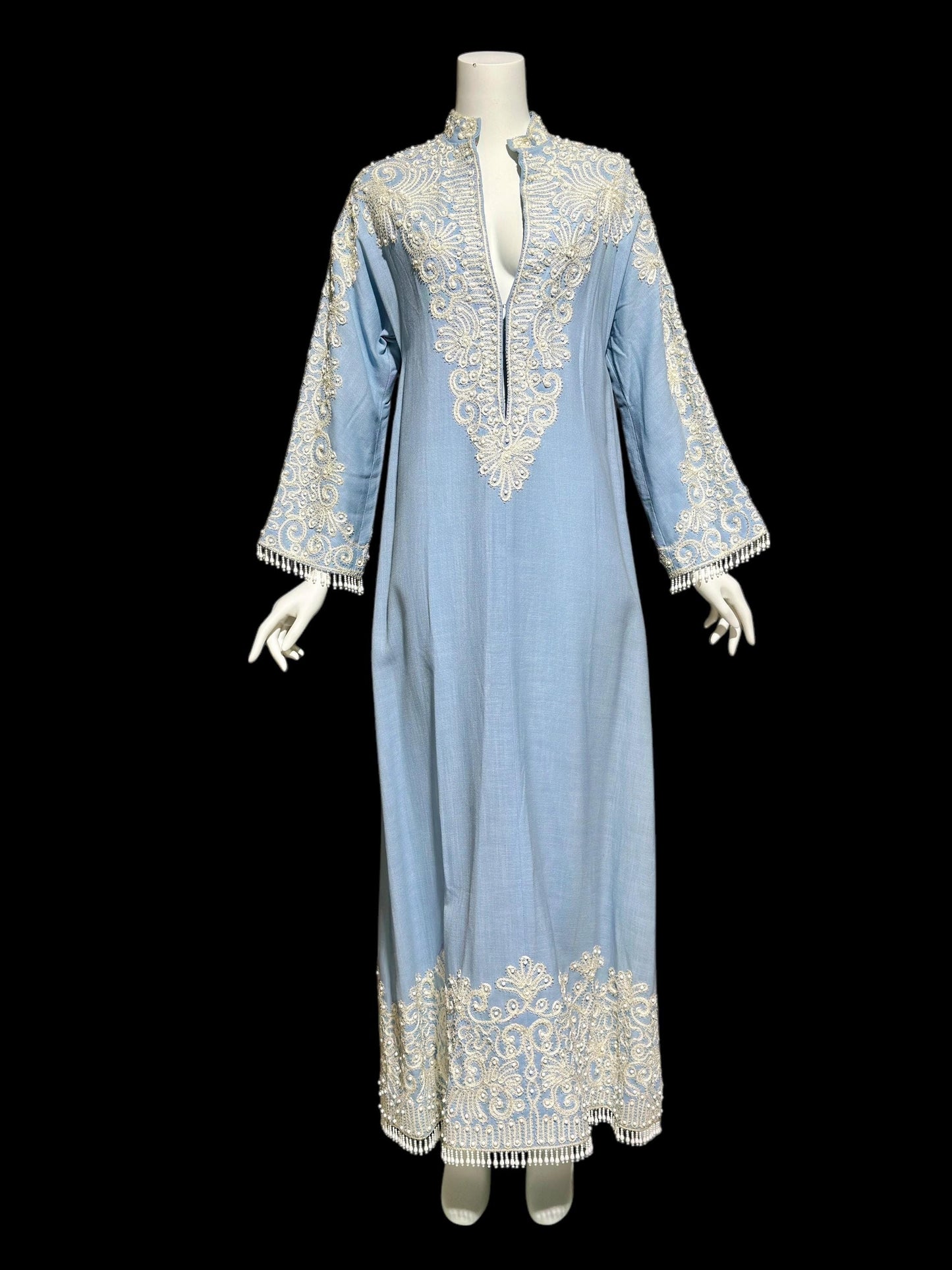 REBECCA vintage linen caftan evening dress, BONWIT TELLER 1960s heavily beaded soutache blue cruise cocktail gown