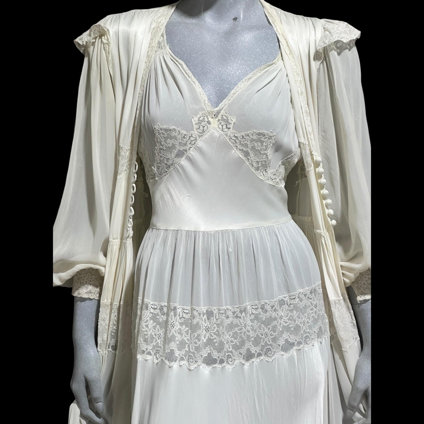 LADY DUFF Vintage 1940s Nightgown Robe Set, Bridal White Peignoir Dressing Gown & Slip Lingerie Dress