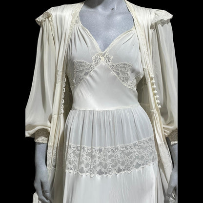 LADY DUFF Vintage 1940s Nightgown Robe Set, Bridal White Peignoir Dressing Gown & Slip Lingerie Dress