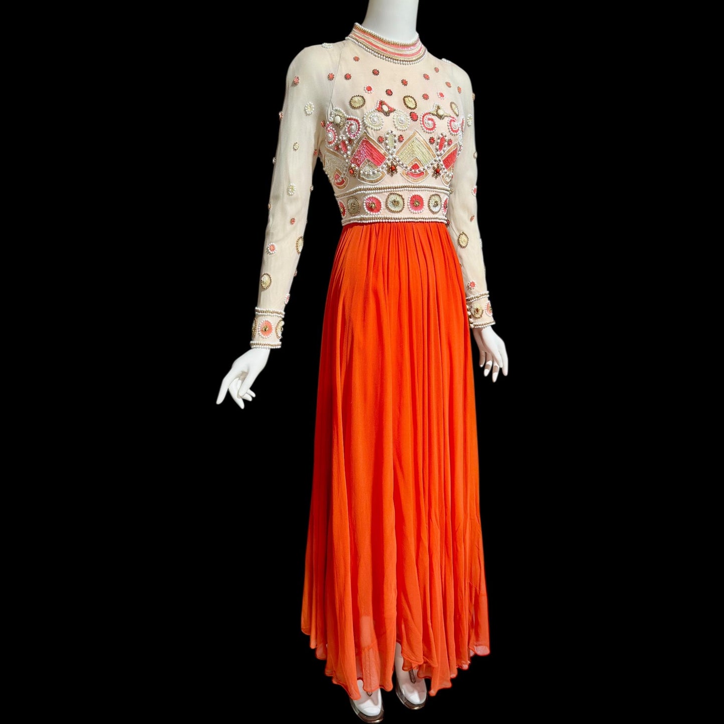 DARNELL OF LONDON, vintage 1960s evening dress, Orange beaded chiffon gown