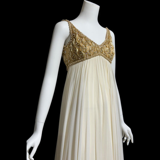 TOWN & COUNTRY vintage 1960s evening dress, white chiffon gold beads sequins wedding bridal gown