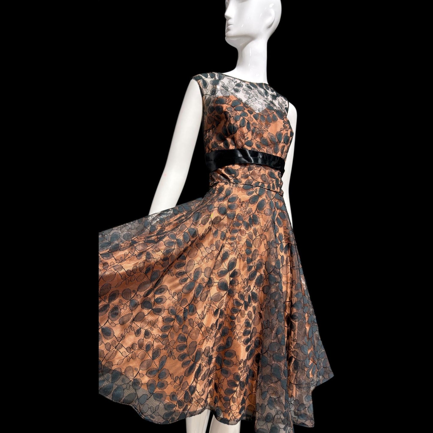 1950s vintage evening party dress, black lace fit flare cocktail dress, Medium