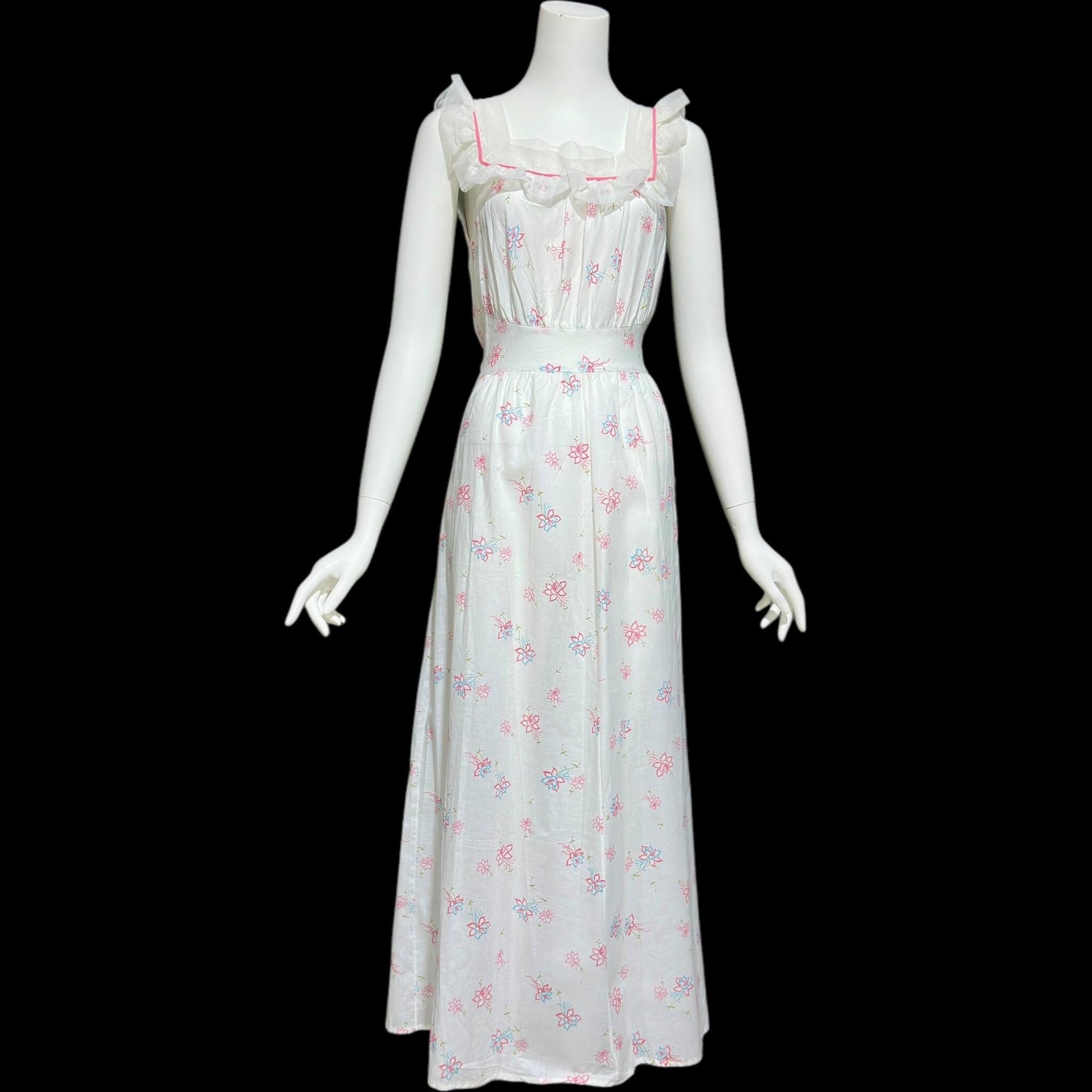 PHIL-MAID, vintage 1940s nightgown, pink blue white floral cone-bell combed cotton house dress, New Old stock