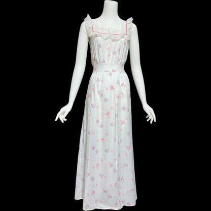 PHIL-MAID, vintage 1940s nightgown, pink blue white floral cone-bell combed cotton house dress, New Old stock
