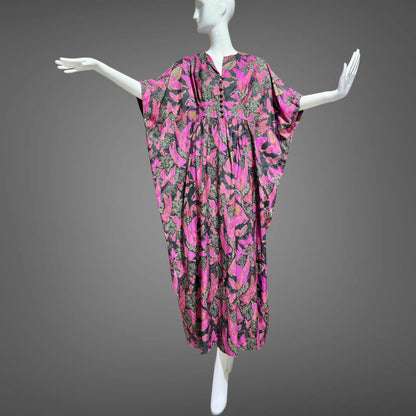 DESIGN THAI BANGKOK, vintage 1960s caftan dress, maxi party dress, hot pink butterfly print silk dress