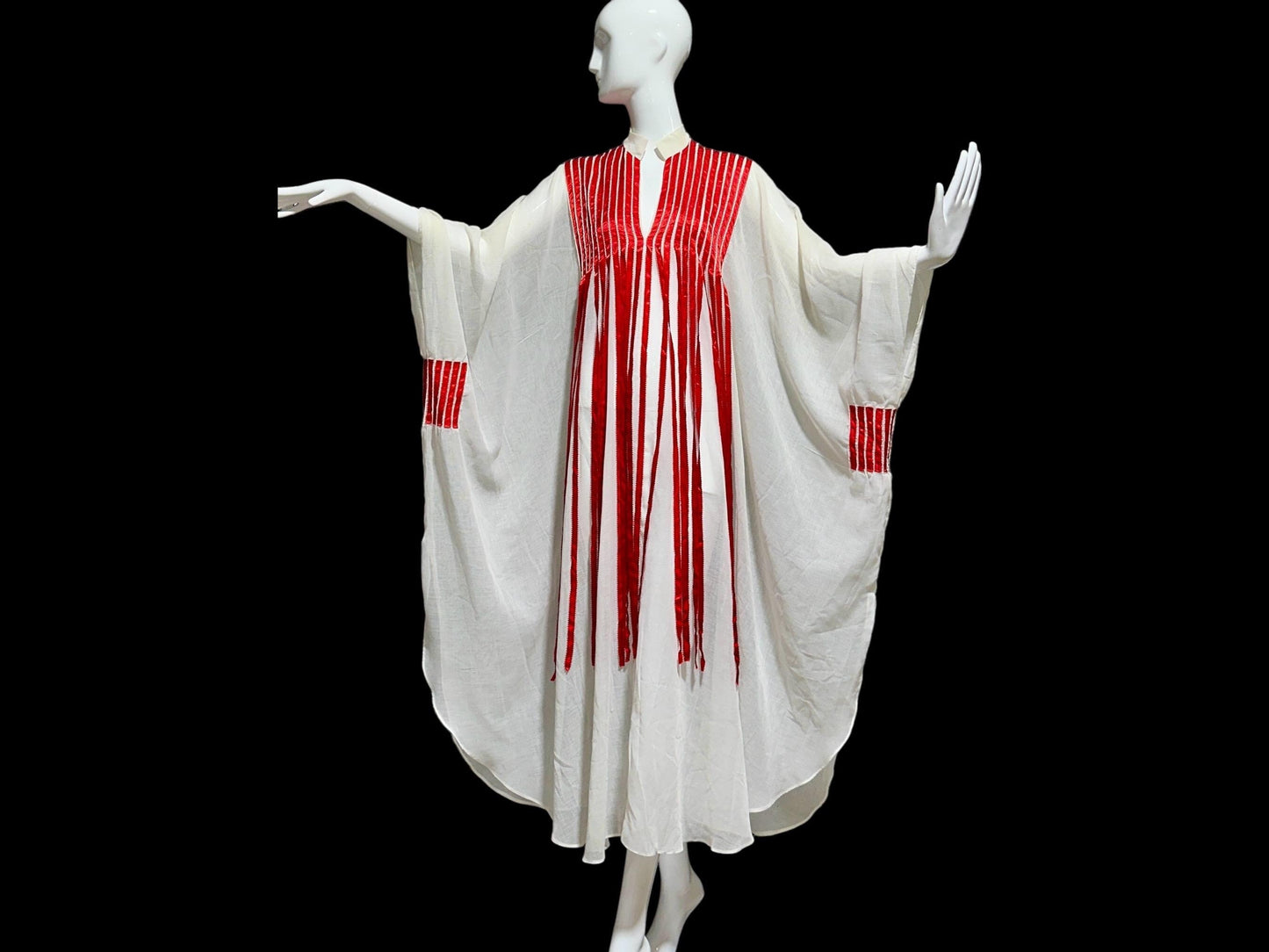 1970s Vintage white gauze caftan dress, Sheer breezy fabric with streaming red ribbons