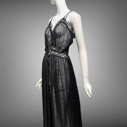 TULA vintage 1940s Nightgown slip dress, sultry black sheer waffled nylon lingerie dress, large