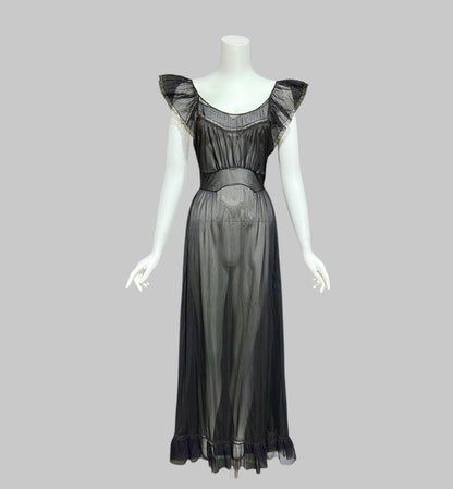 KAYSER vintage 1950s nightgown slip dress, ethereal sheer black chiffon and lace micro pleat gown