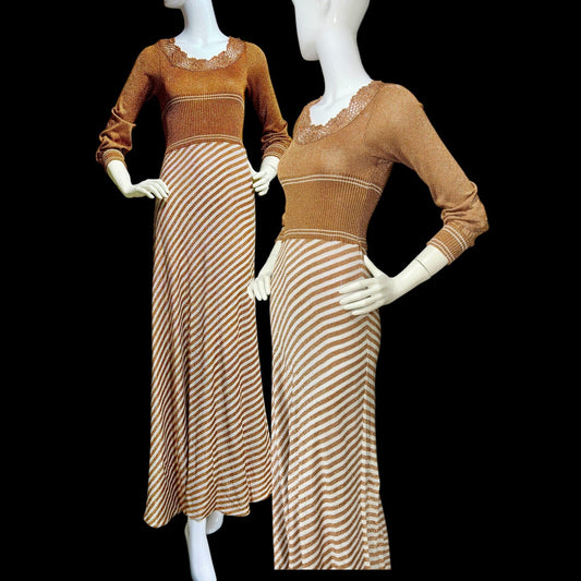 WENJILLI, vintage 1970s lurex maxi dress, Copper Metallic lurex Knit Maxi Dress Crochet Neckline