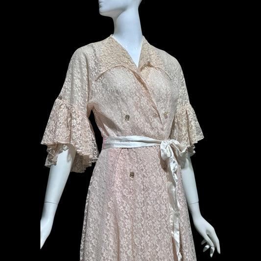 FLOBERT Vintage 1940s dressing gown robe, dusty pink sheer nylon lace wrap front full sweep housecoat hostess dress
