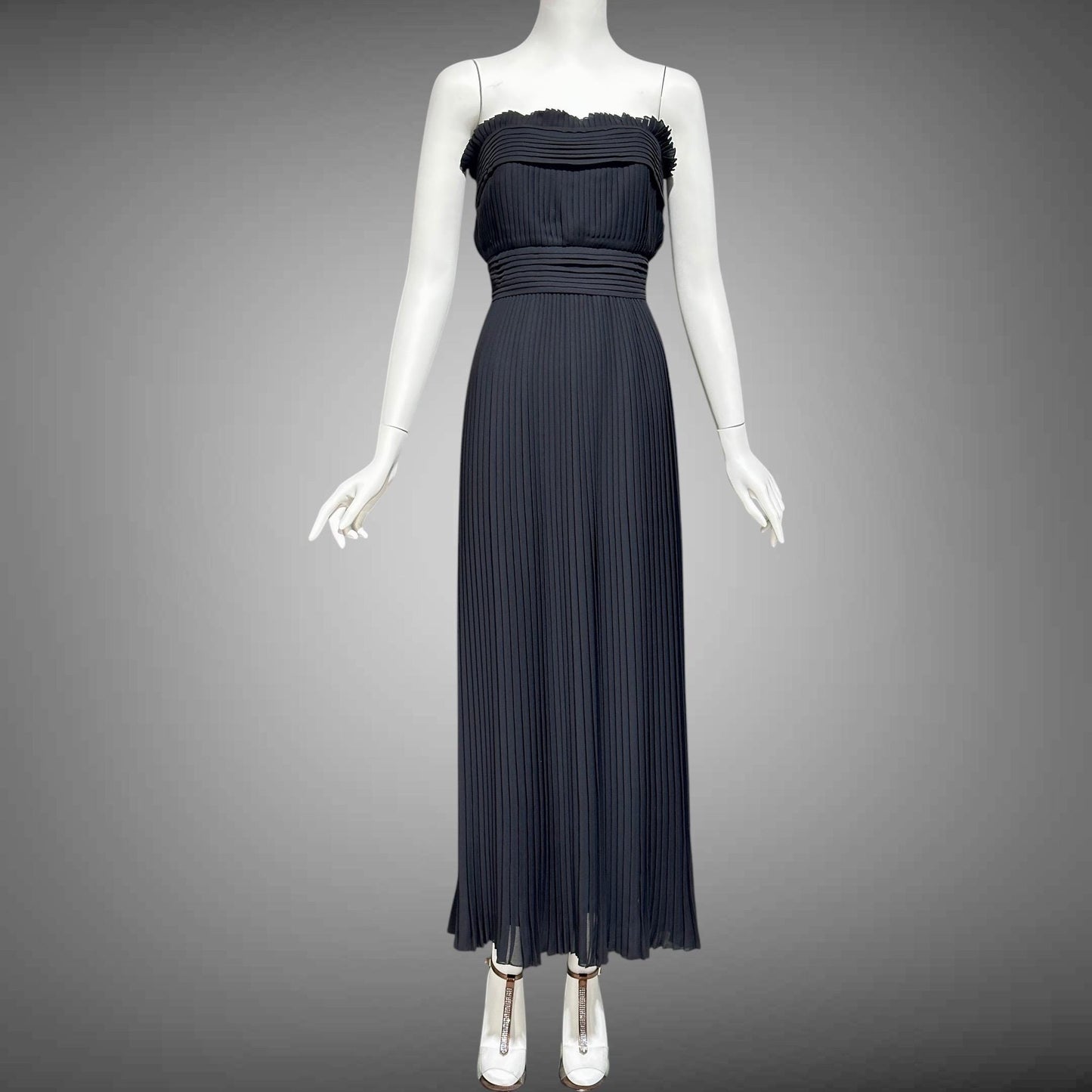 PILAR ROSSI COUTURE evening dress, vintage 1990s strapless pleated black gown