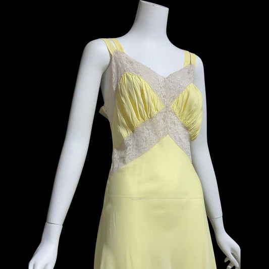 1930s vintage Nightgown slip dress, Sunshine Yellow bias cut lacy night dress, full length