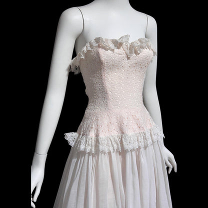 1940s vintage dress gown, soft petal pink and white cotton eyelet, with white organdy evening wedding gown