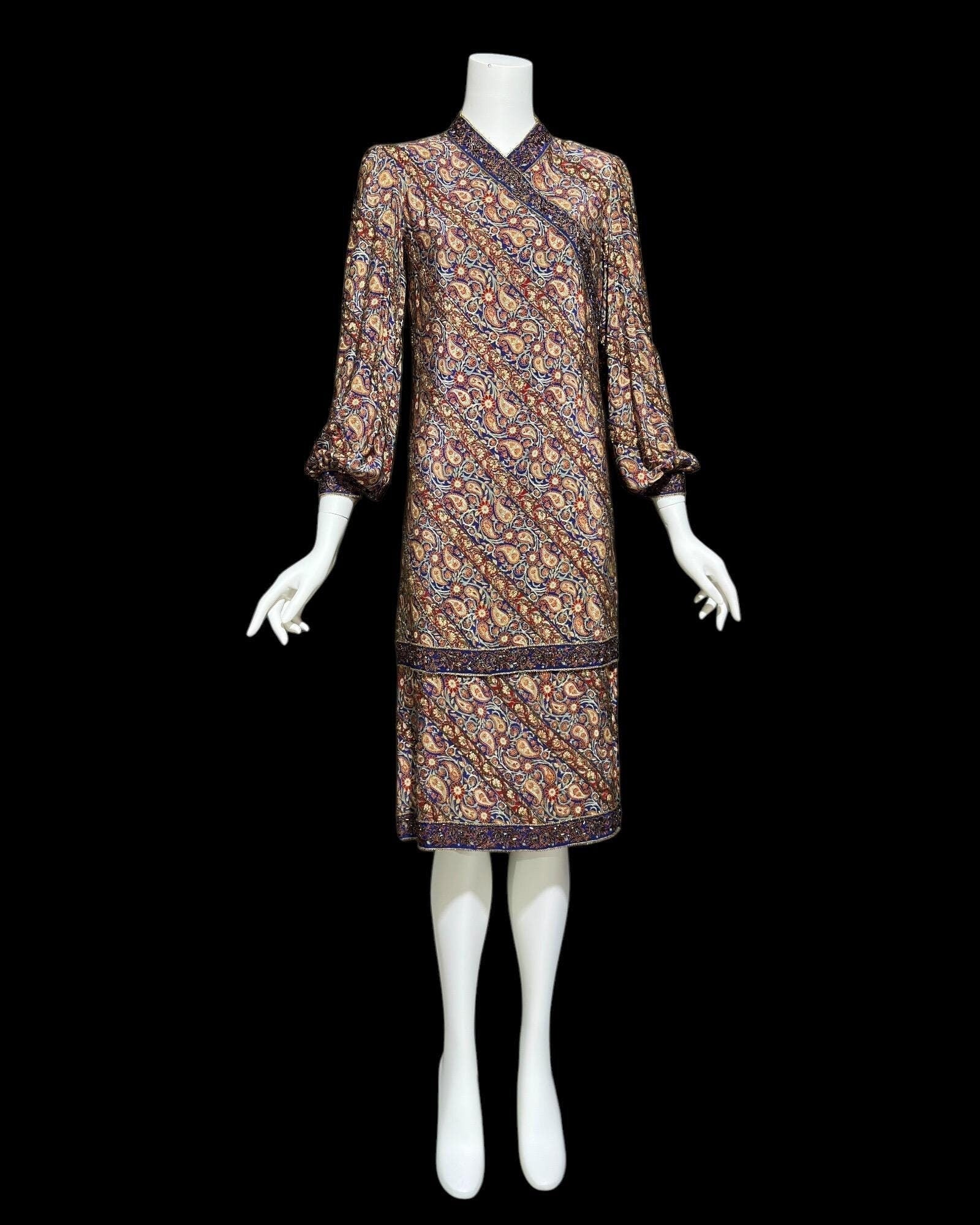 1960s vintage silk shift dress, long sleeve beaded paisley cocktail party dress