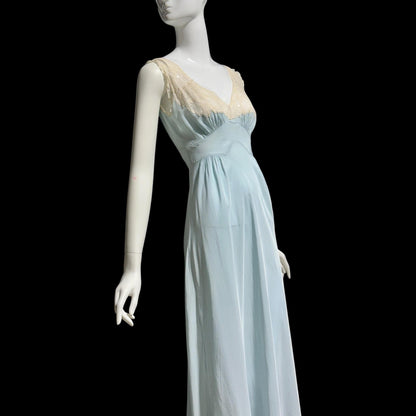 TROUSSEAUX vintage 1940s nightgown slip dress, powder blue rayon lingerie dress, full length
