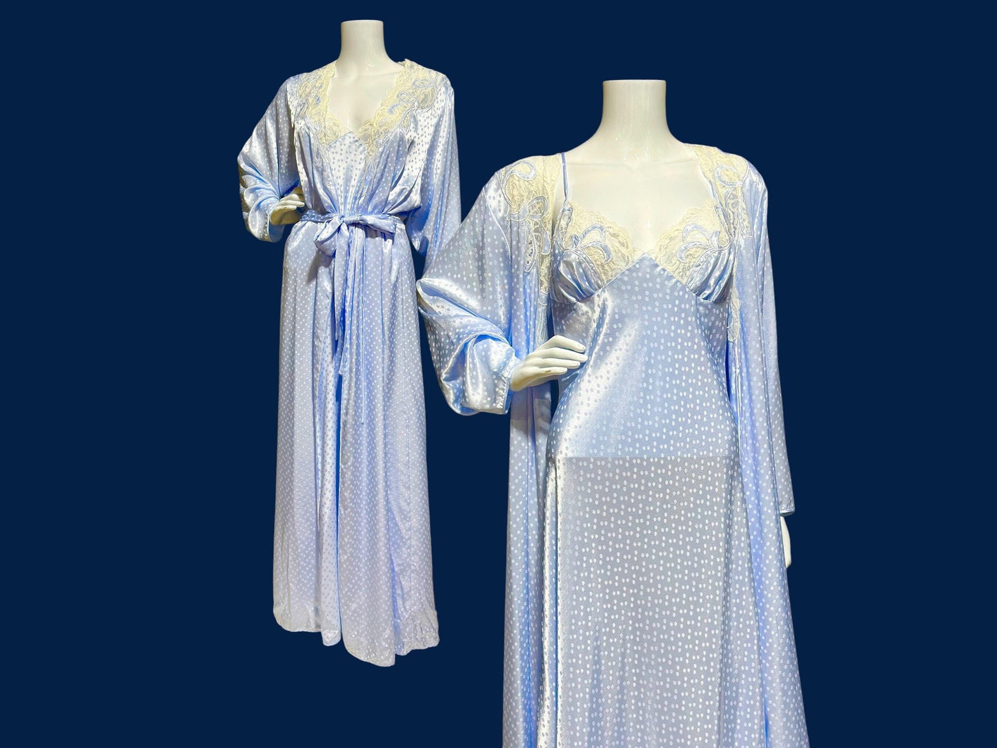 NATORI for SAKS 5th Ave, Nightgown robe set, shiny icy blue sheath slip gown and peignoir set