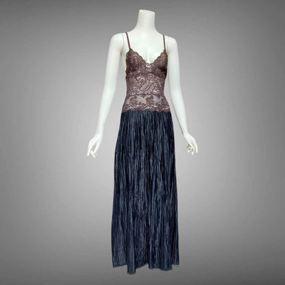 FERNANDO SANCHEZ, vintage 1970s Nightgown, Black and Chocolate lace plisse gown