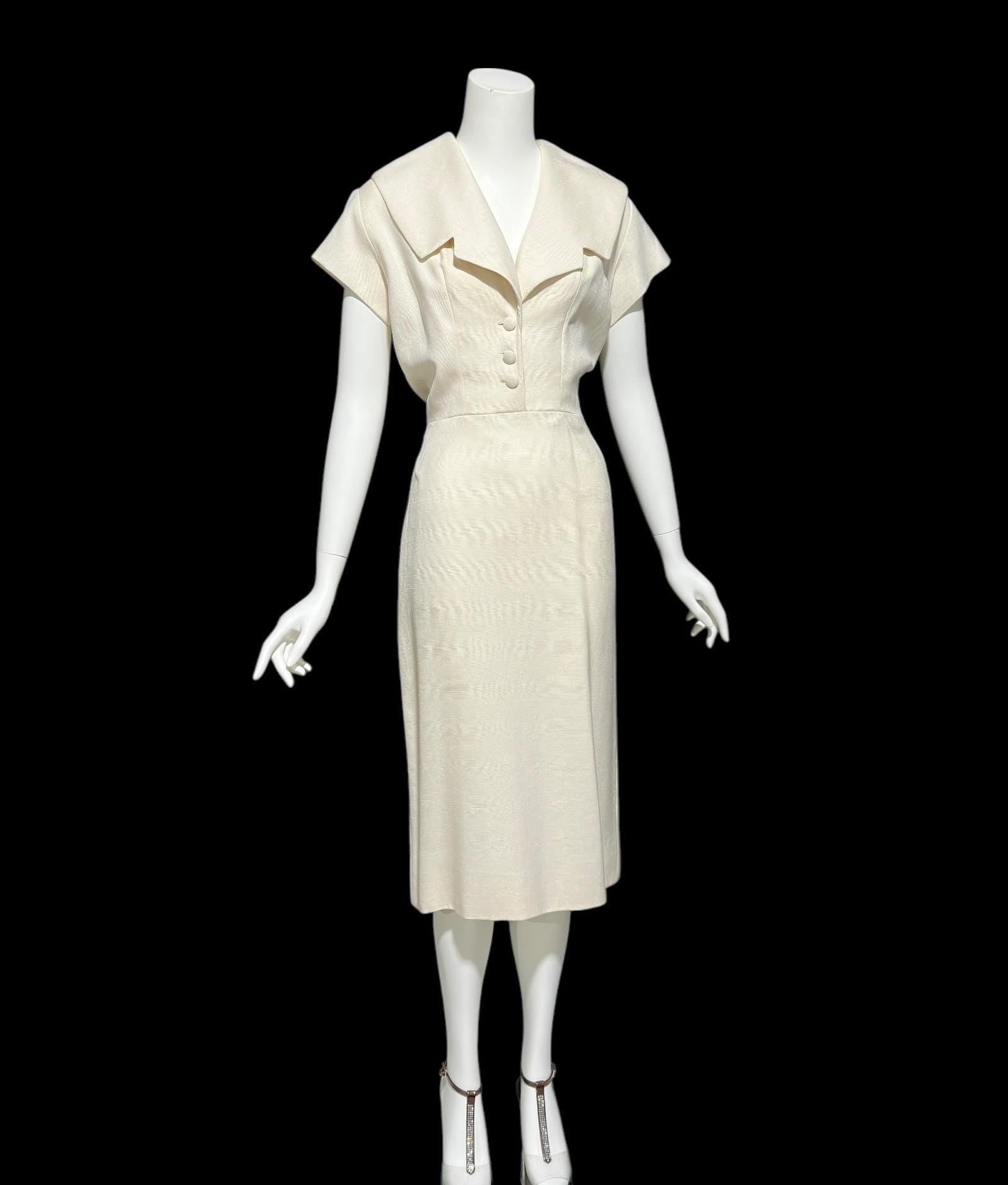 IRENE GALITZINE, vintage 1940s oatmeal linen cocktail day dress, wide collar wiggle dress