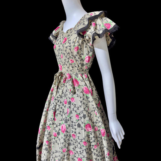 DORNA GORDON, vintage 1940s floral dress, Rose print cotton full circle day dress