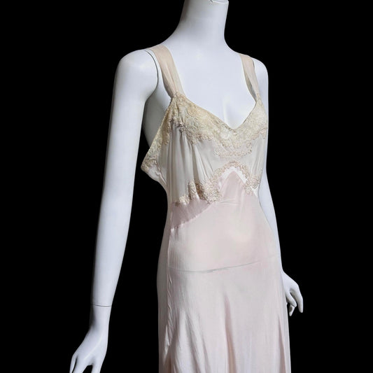 1930s Rayon & Silk Slip Dress: Vintage Bias Cut Pale Pink Nightgown, Lace Trim