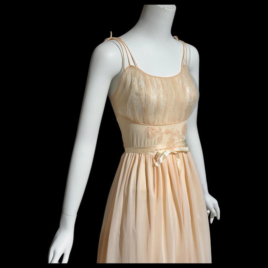 LUXITE KAYSER, vintage 1940s nightgown slip dress, sheer peach nylon full length night dress, small