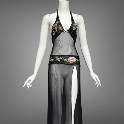 JACALYN BENNETT for FREDERICK'S of Hollywood, vintage Y2K nightgown slip dress, black silk and mesh