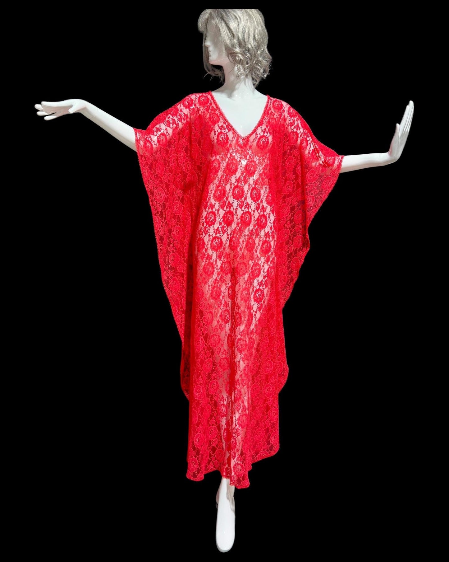 GLYDONS vintage 1960s caftan dress, Red lace sheer see through nylon kaftan