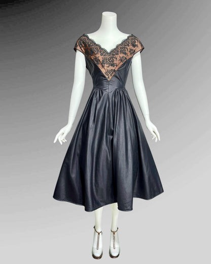 DOROTHY O'HARA, vintage 1950s dress, Black polished cotton and lace fit and flare cocktail party evening dress