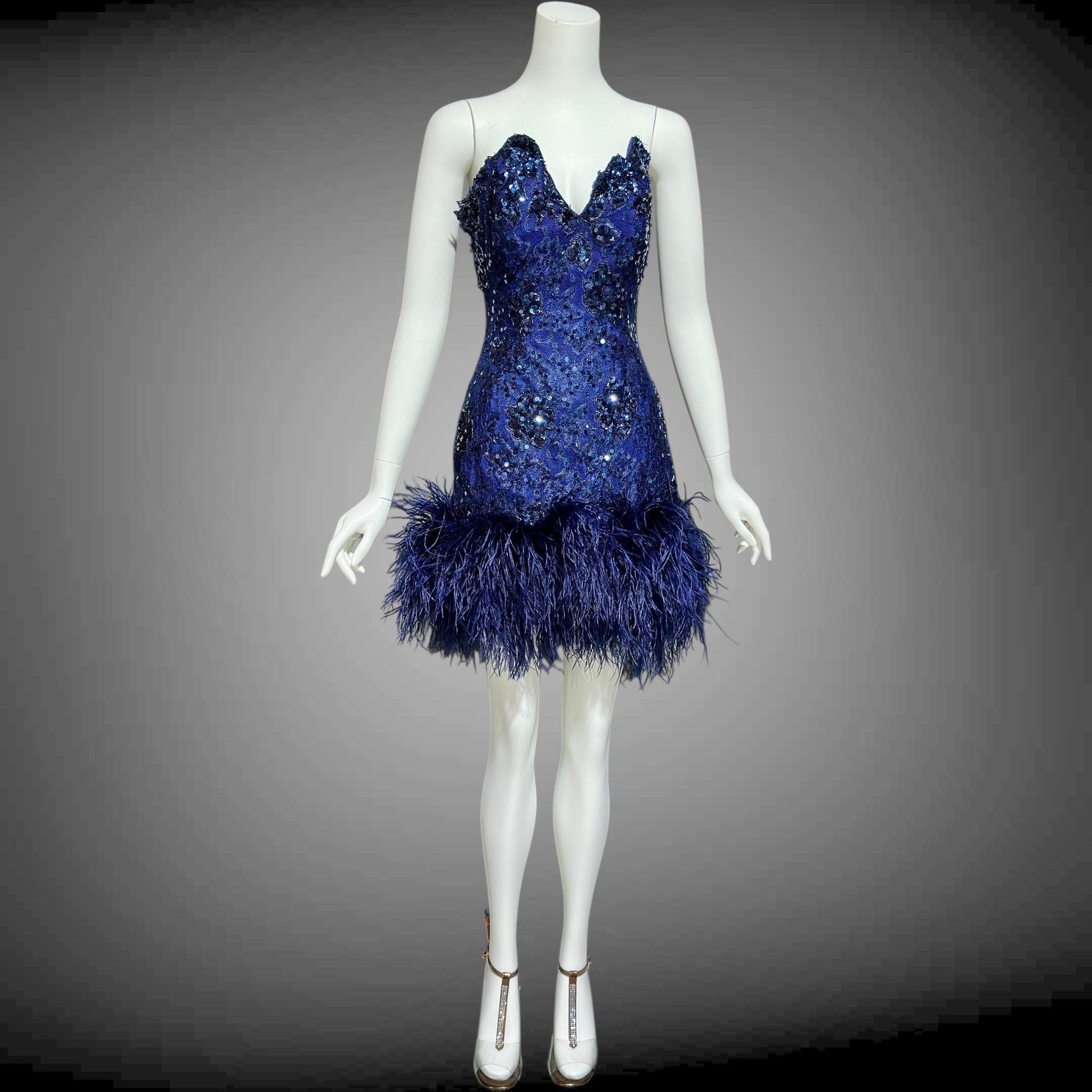 LILLIE RUBIN, vintage 1980s MINI Party Prom cocktail dress, Navy Blue Strapless sequin lace and ostrich feathers