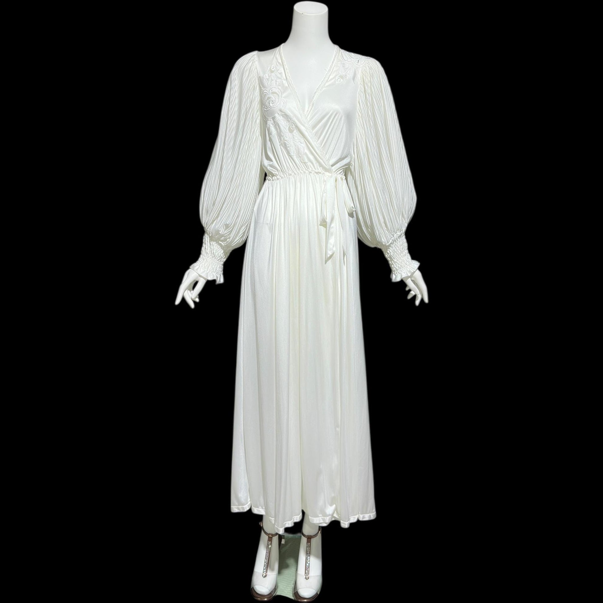 1980s vintage dressing gown robe, Slinky white jersey polyamide wrap front housecoat