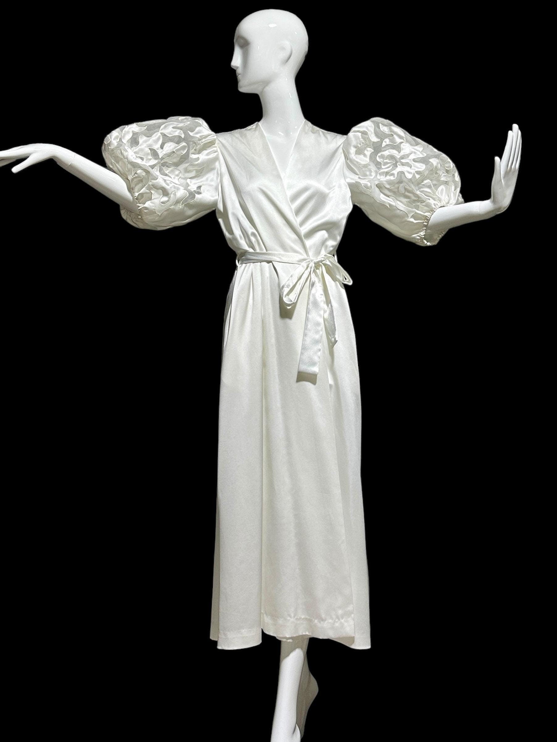 GEORGETTE TRABOLSI, Vintage dressing gown, White bridal peignoir robe, cutout puffed sleeves