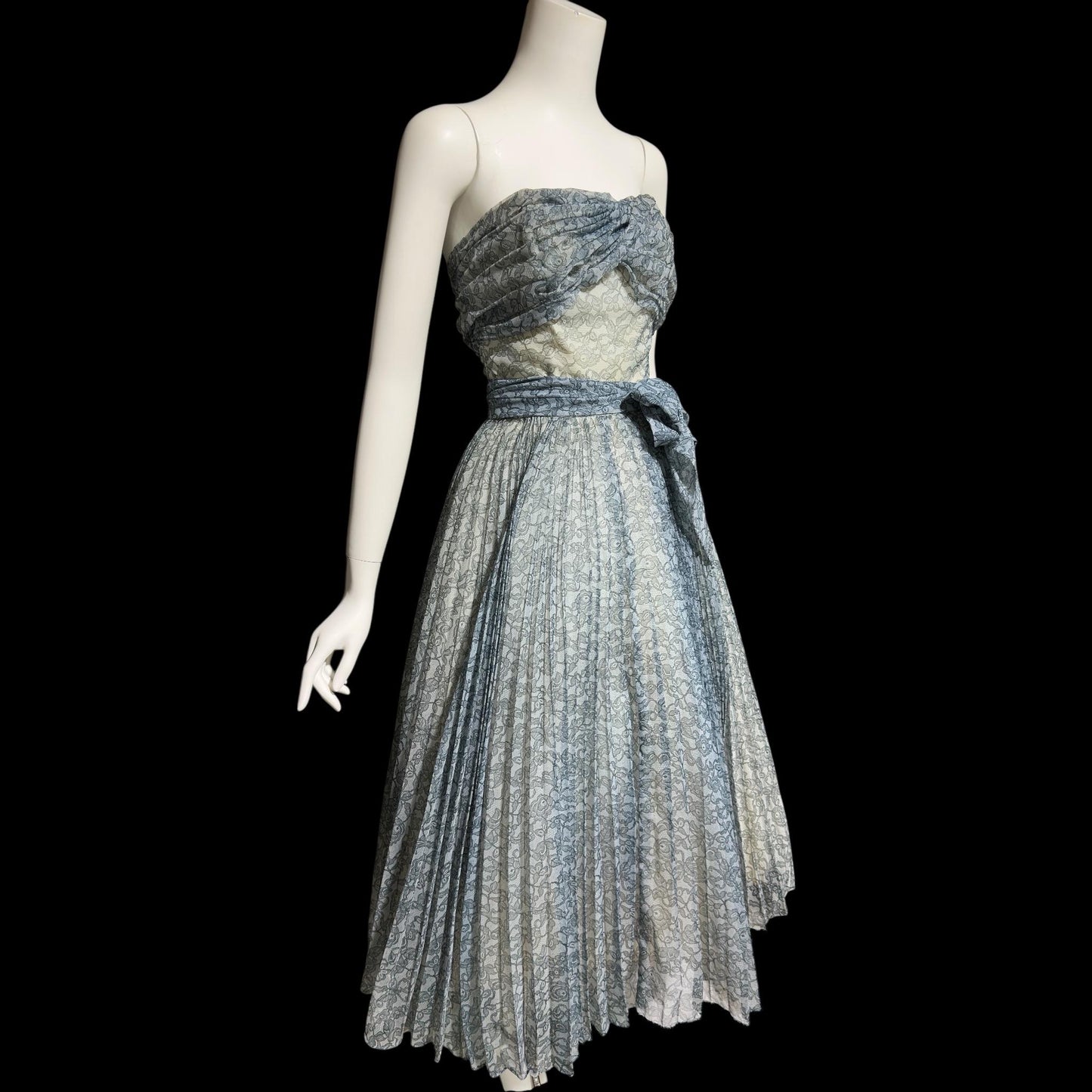 1950s vintage Pleated Party Dress: Slate Blue Grey floral strapless Cocktail Prom Dress