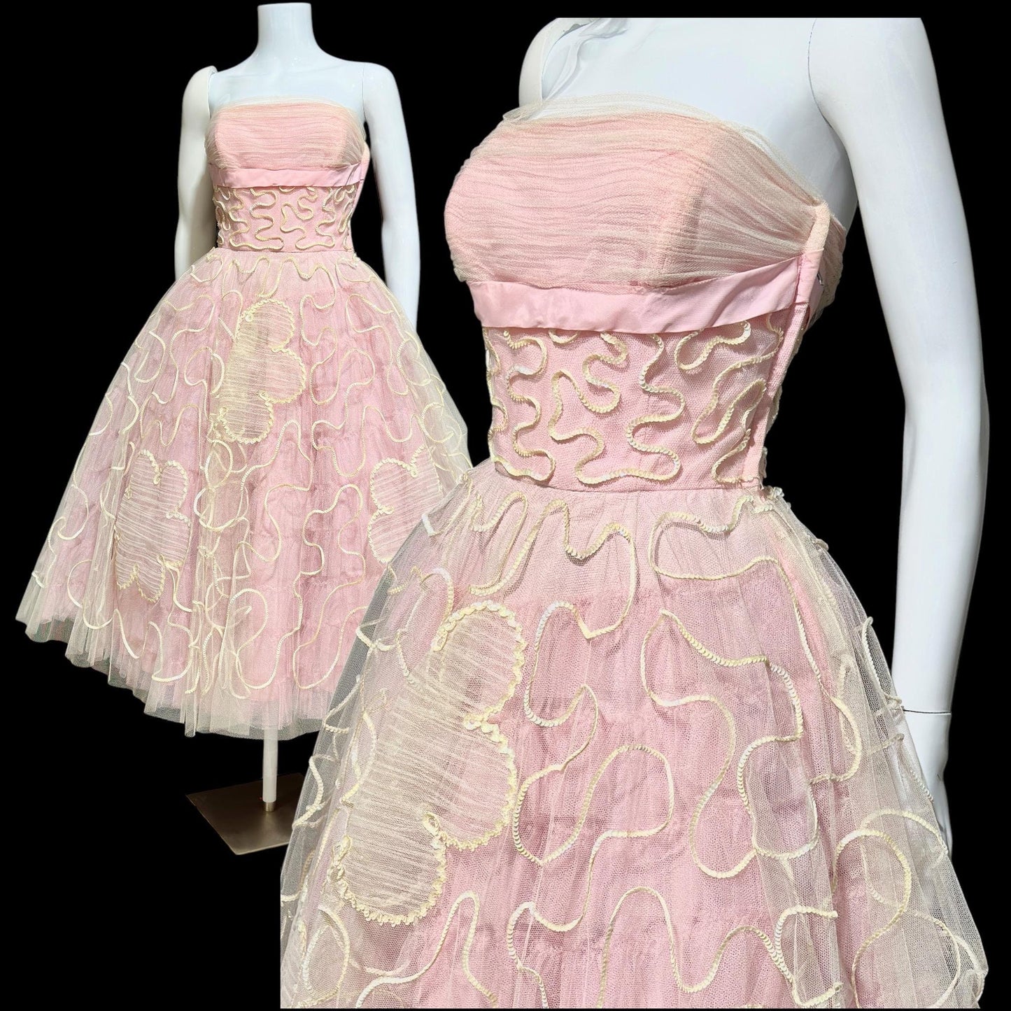 WILL STEINMAN, vintage 1950s Pink tulle and sequins prom dress, cupcake meringue tea length gown