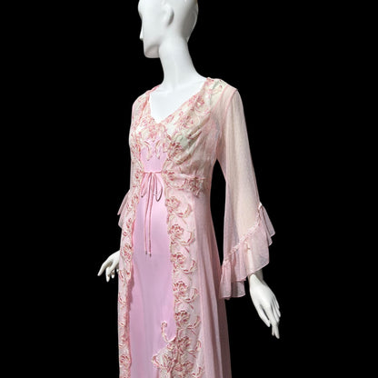 TERESA vintage Y2K nightgown robe set, Made in Italy, sheer pink lace sheath slip dress and peignoir set