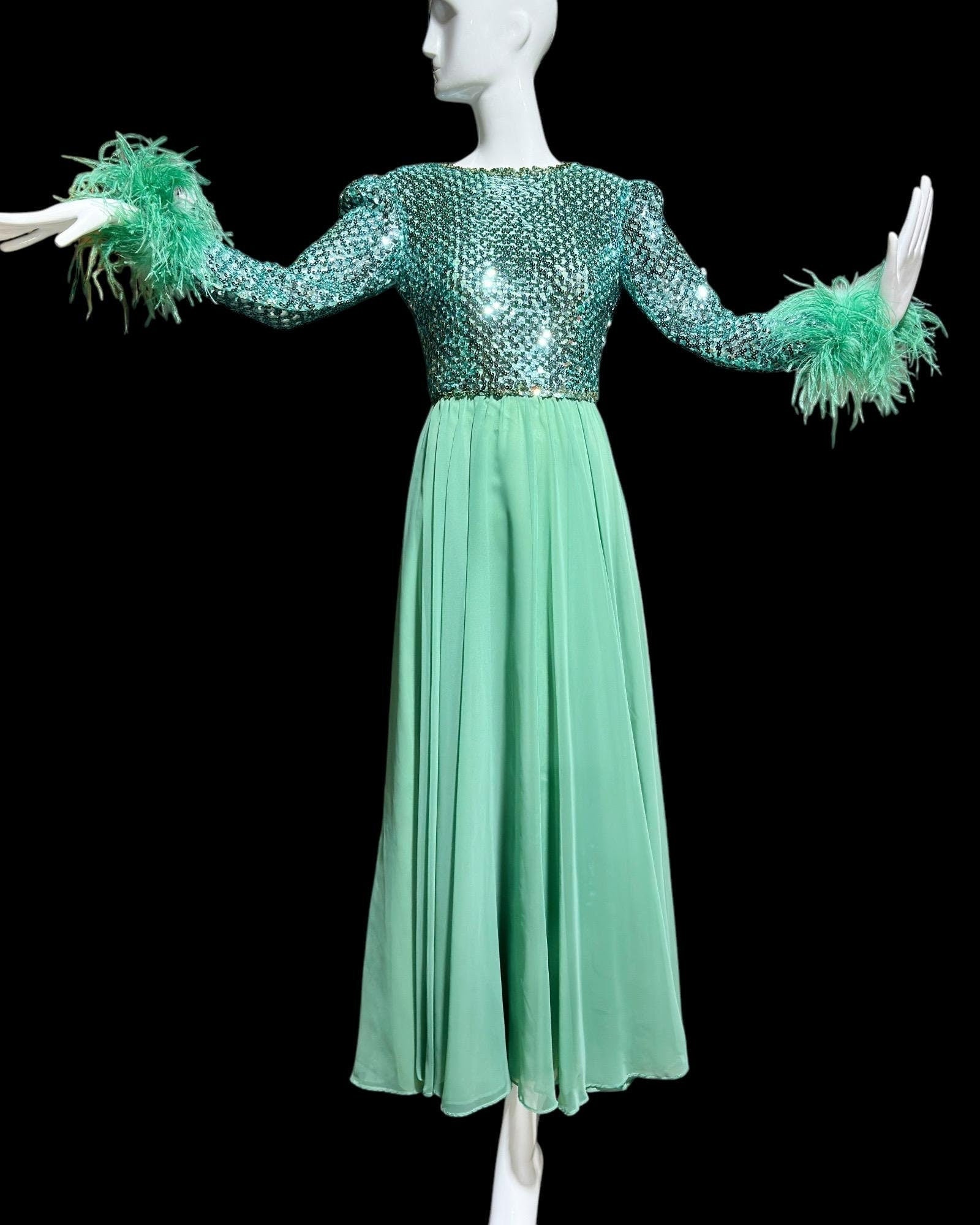 Custom Made, vintage 1970s evening dress gown, sea green chiffon and sequin ball gown with Ostrich Feathers