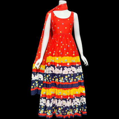 SHANNON ROGERS Jerry Silverman, vintage 1960s floral evening sundress, Red Border print Op Art dress, 2pc matching shawl wrap