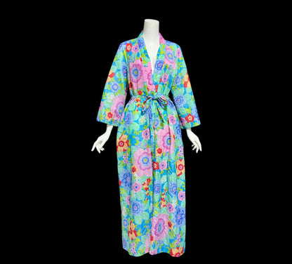 STELLA FAGIN, vintage 1960s Robe, Long Airy Blue and Pink Embossed Flower Wrap Front dressing gown