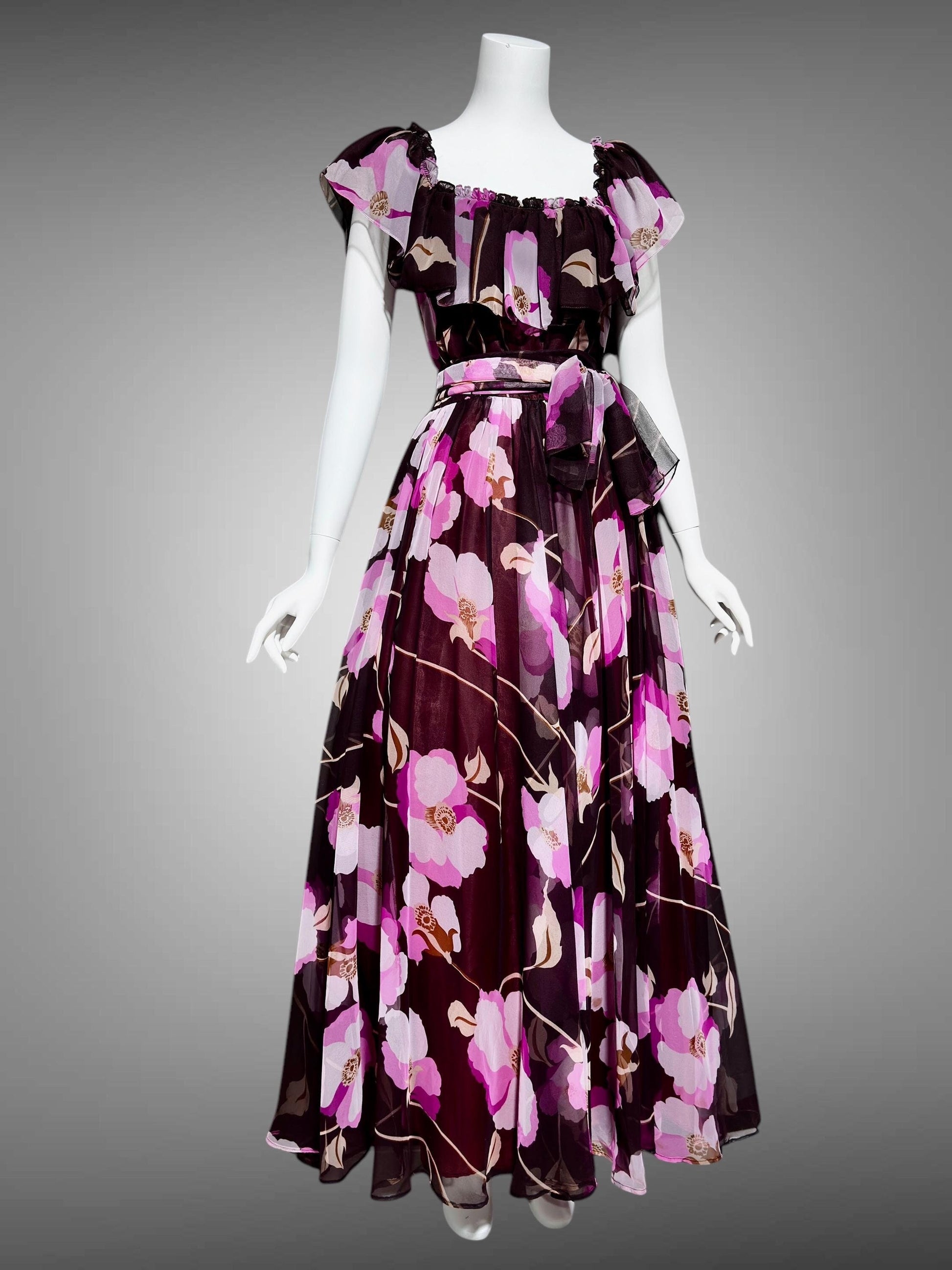 MIGNON New York, vintage 1970s Chocolate Brown Hot Pink Floral Chiffon evening gown