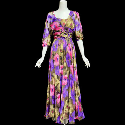FRANK USHER LONDON, vintage 1980s evening dress, jewel tone floral chiffon with gold metallic