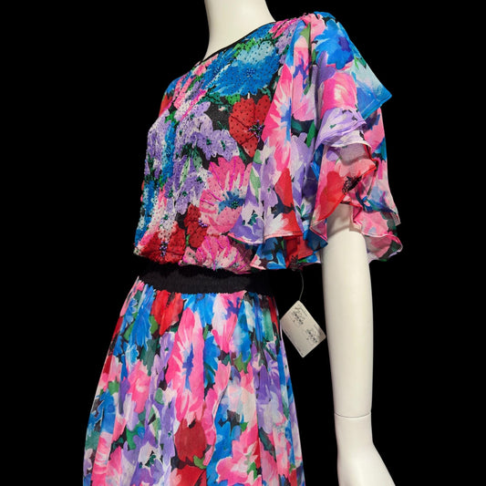 DIANE FREIS vintage 1980s silk dress, Neiman Marcus floral gypsy dress, flutter sleeves high low ruffle cocktail dress
